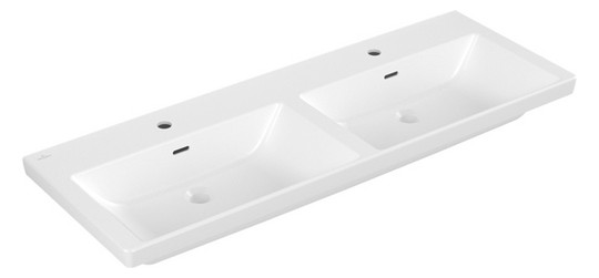 V&B Schrank-Doppelwaschtisch Subway 3.0 130x47cm, eckig, mit je 1 Hahnloch/mit Überlauf, stone white C-plus