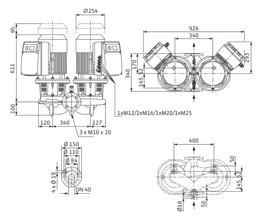 Wilo Trockenläufer-Energiesparpumpe CronoTwin DL-E 40/170-5,5/2-R1, 5,5 kW, ohne Differenzdruckgeber