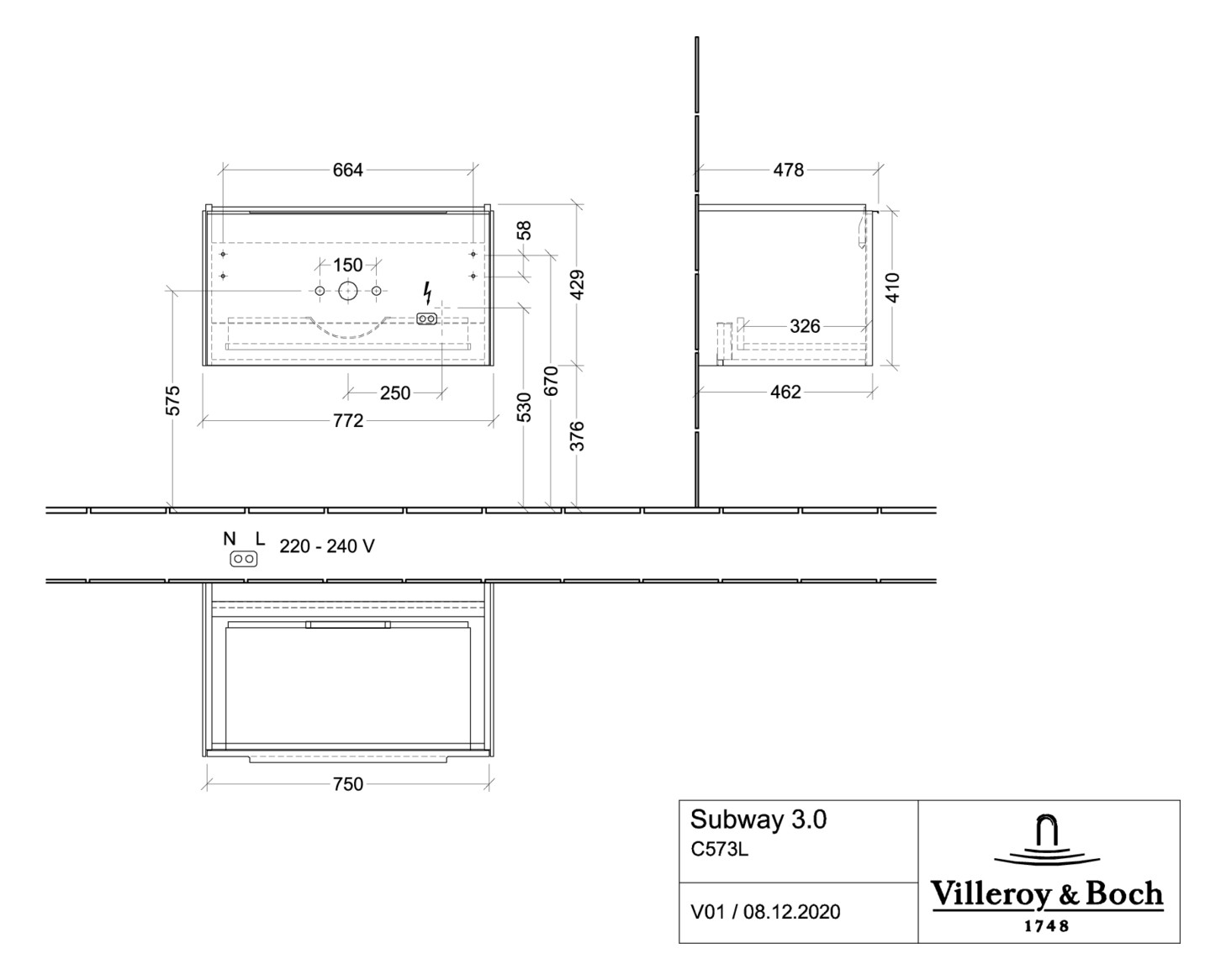 V&B Waschtisch-Unterschrank Subway 3.0 77,2x42,9x47,8cm, mit LED/Griff Aluminium glänzend, volcano black