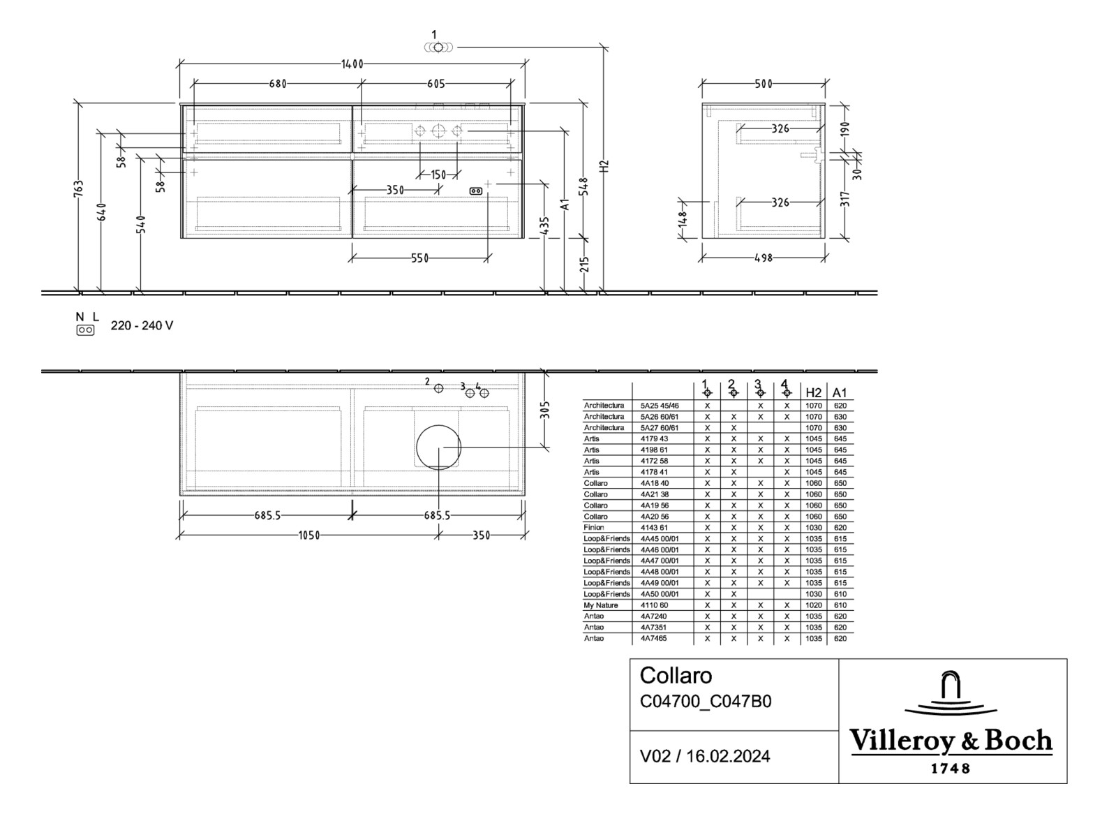 V&B Waschtischunterschrank Collaro 140x54,8x50cm, Waschtisch rechts, LED-Beleuchtung 10,4W, glossy white