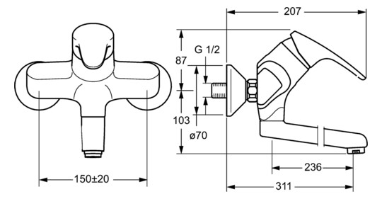 HANSA Waschtisch-Wand-Einhebelmischer HANSAMIX S-Anschlüsse, absperrbar, schwenkbar, Ausladung 311mm, chrom