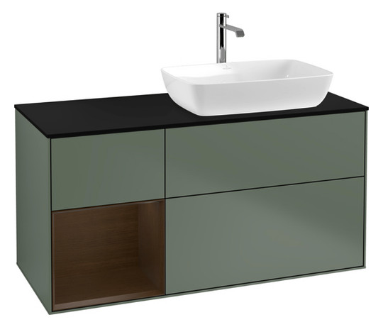 V&B Waschtisch-Unterschrank Finion 120cm, Abdeckplatte black matt, Regal Walnut Veneer, Olive Matt Lacquer