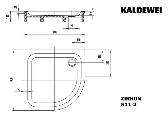 Kaldewei Duschwanne ZIRKON 511-2 80x80x6,5cm, mit Träger, Antislip, schwarz