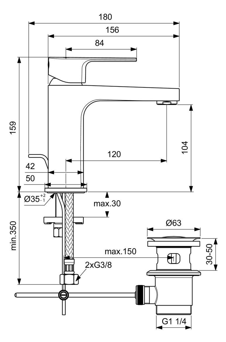 Ideal-Standard Waschtisch-Einhebelmischer Cerafine D Grande mit Metall-Ablaufgarnitur, chrom, Ausladung 120mm