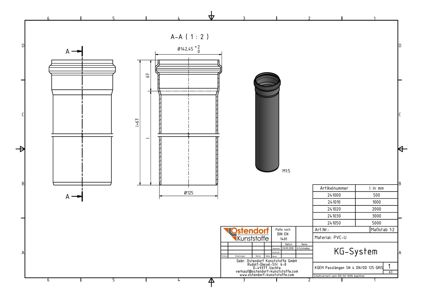 Ostendorf KG Rohr SN 4 EM DN/OD 125 x 3,2 mm, 2000 mm, mit Steckmuffe/Lippendichtung