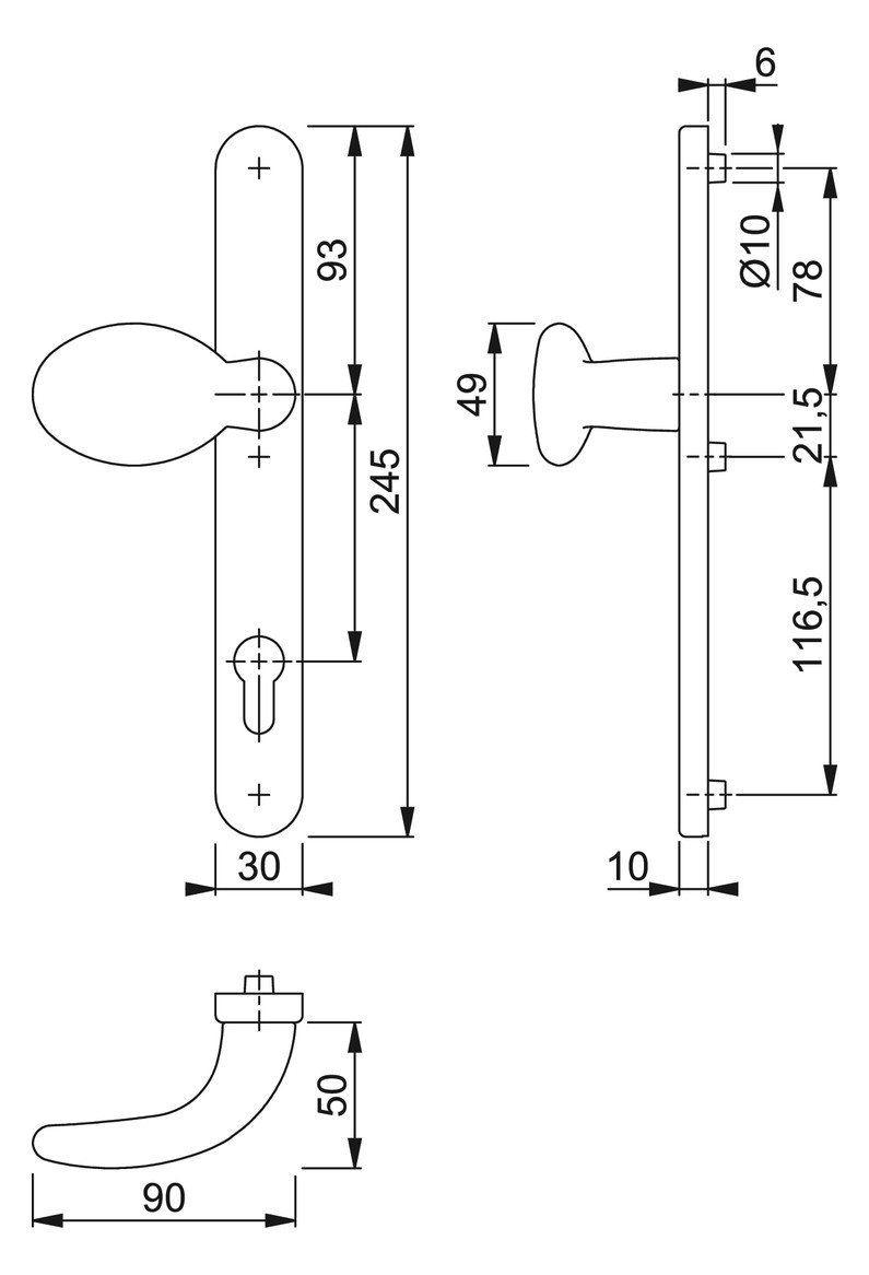 Bild HOPPE Halbgarnitur 76G/3347N, Langschild, oval, Profilzylinder gelocht, Entfernung 92mm, Vierkant 8mm, Türstärke 72 - 82mm, Befestigungstechnik mit Stütznocken, grau, edelstahloptik matt, eloxiert-1