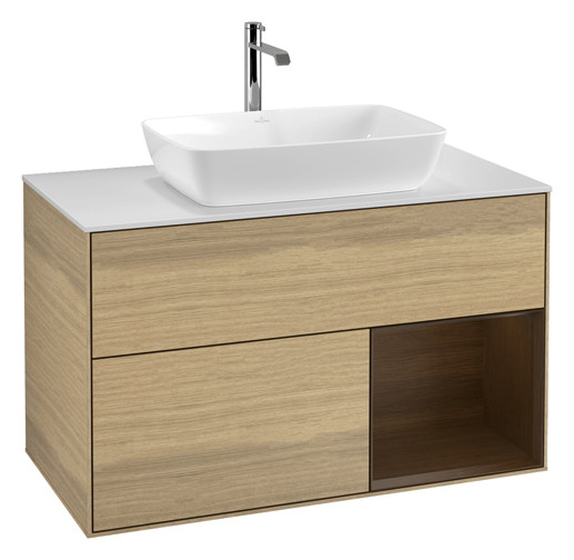 V&B Waschtisch-Unterschrank Wandbeleuchtung Finion 100cm, Abdeckplatte white matt, Regal Walnut Veneer, Oak Veneer