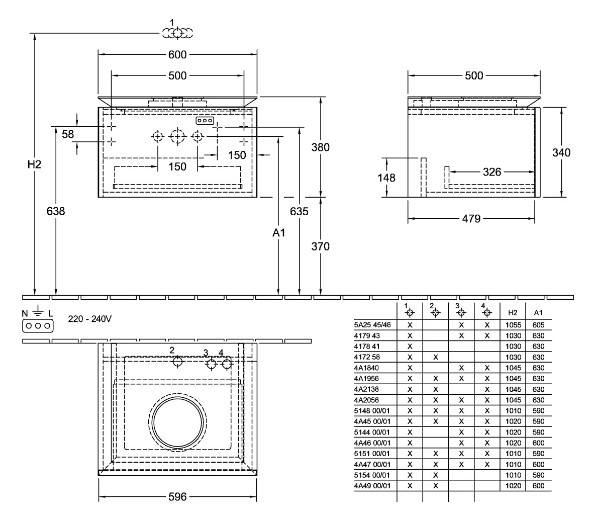 V&B Waschtischunterschrank Legato 60x38x50cm, Waschtisch mittig, mit LED-Beleuchtung, White Wood V&B Waschtischunterschrank Legato 60x38x50cm, Waschtisch mittig, mit LED-Beleuchtung, White Wood