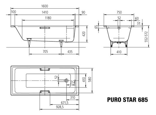 Kaldewei Badewanne PURO STAR 685 160x70cm, Perl-Effekt, weiß
