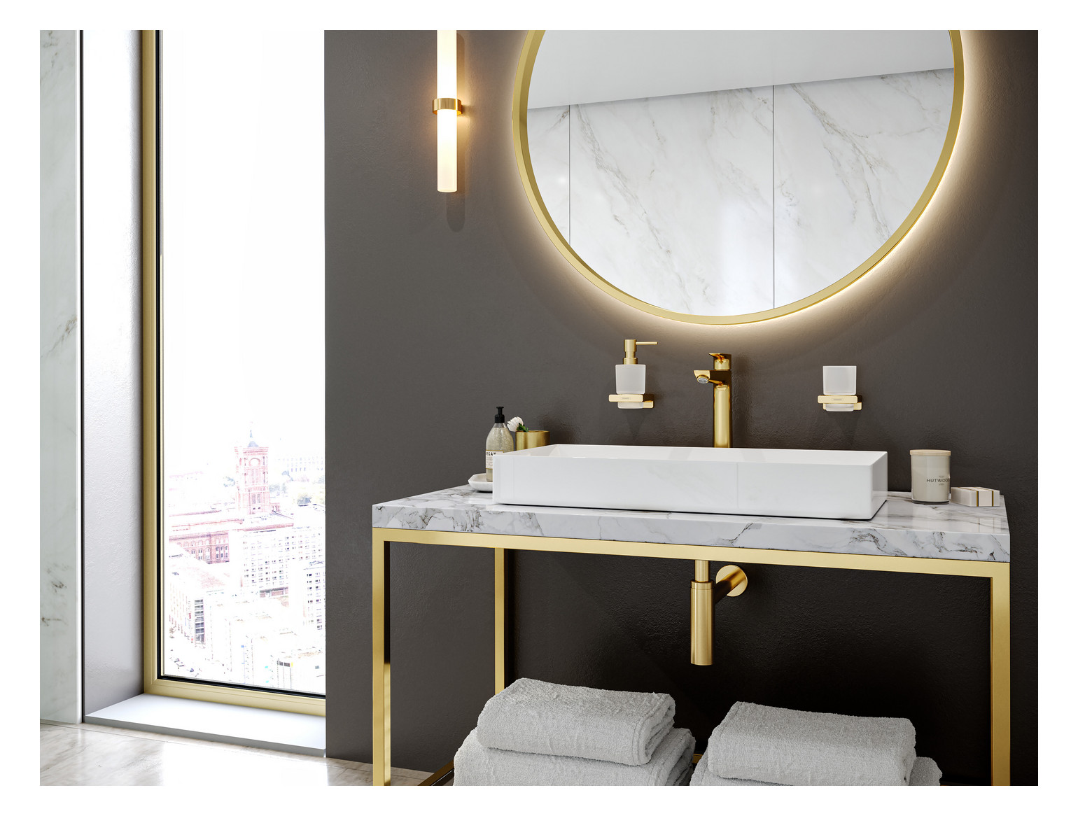 hansgrohe Zahnbecher AddStoris mit Glas, Wandmontage, Metall, polished gold optic