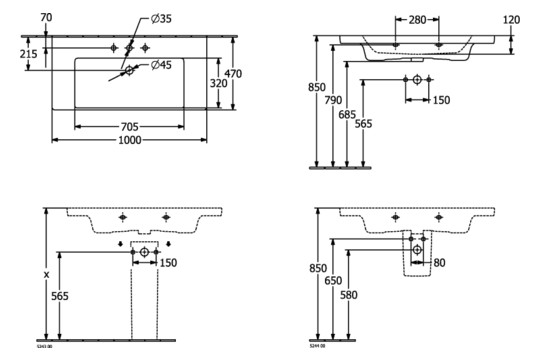 V&B Schrank-Waschtisch Subway 3.0 100x47cm, eckig, mit 1 Hahnloch/ohne Überlauf, stone white C-plus