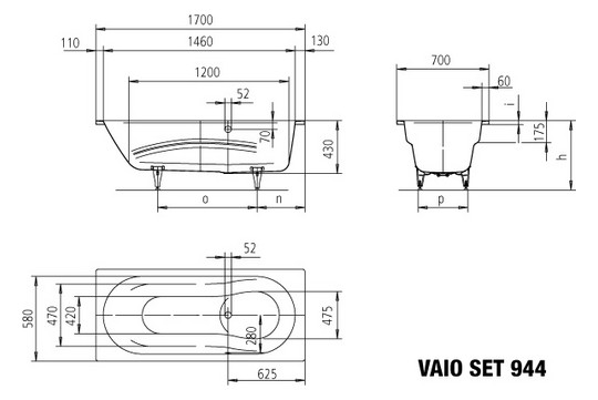 Kaldewei Badewanne VAIO SET 944 170x70cm, Überlaufloch gegenüberliegend, Perl-Effekt, schwarz