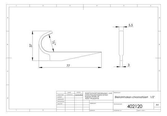 ASW Bleirohrhaken 1/2", Eisen chromatisiert, mit geschmiedetem flachen Blatt