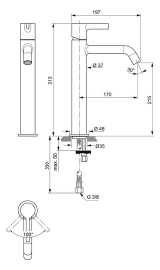Ideal-Standard Waschtisch-Einhebelmischer Joy Ausladung 170mm, mit verlängertem Sockel, ohne Ablaufgarnitur, magnetic grey