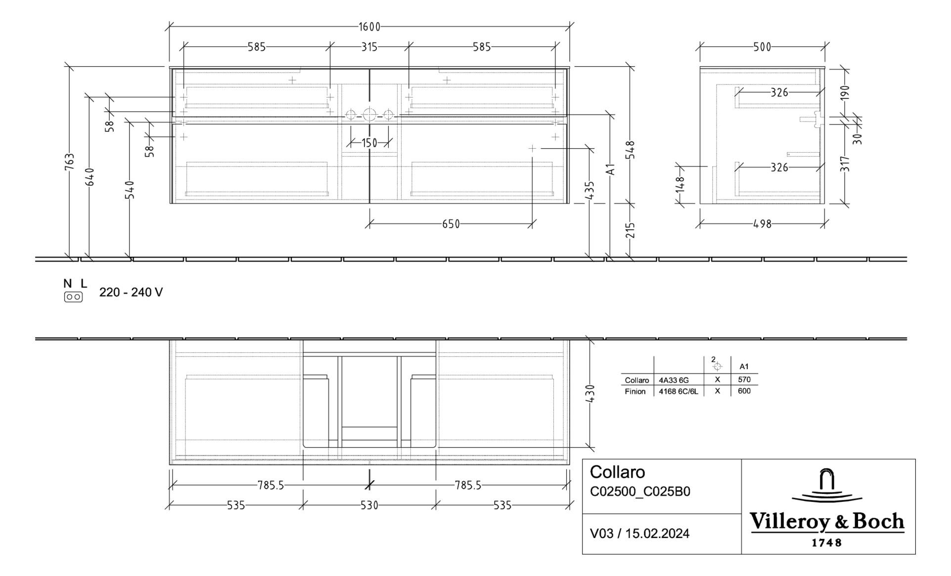 V&B Waschtischunterschrank Collaro 160x54,8x50cm, Waschtisch mittig, LED-Beleuchtung 12W, soft grey