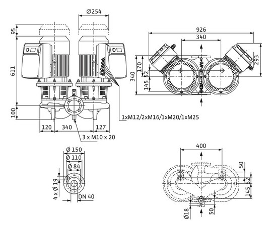 Wilo Trockenläufer-Energiesparpumpe CronoTwin DL-E 40/170-5,5/2-R1, 5,5 kW, ohne Differenzdruckgeber