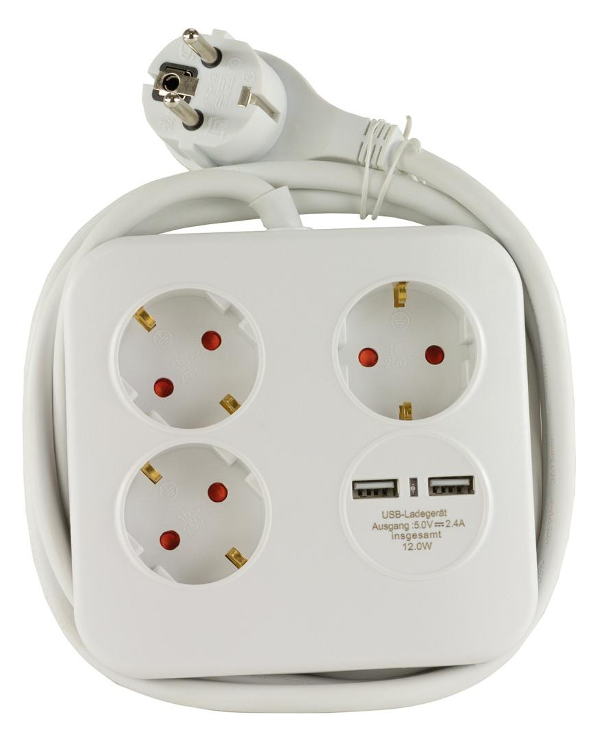 Bild Steckdosenleiste 3-fach 2xUSB weiß-schwa rz Powerquad REV-1