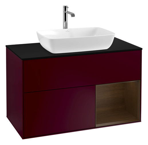 V&B Waschtisch-Unterschrank Wandbeleuchtung Finion 100cm, Abdeckplatte black matt, Regal Walnut Veneer, Peony Matt