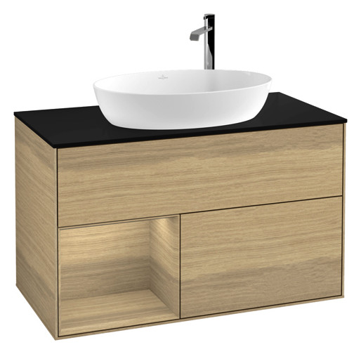 V&B Waschtisch-Unterschrank Finion 100cm, Abdeckplatte black matt, Regal Oak Veneer, Oak Veneer