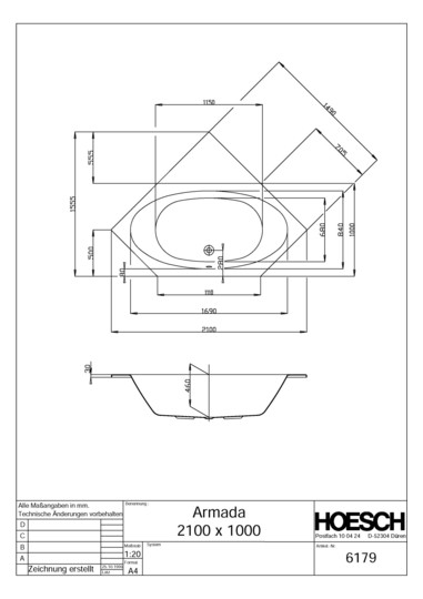 Hoesch 6-Eck-Badewanne Armada weiß, 210 x 100 cm, 240 l