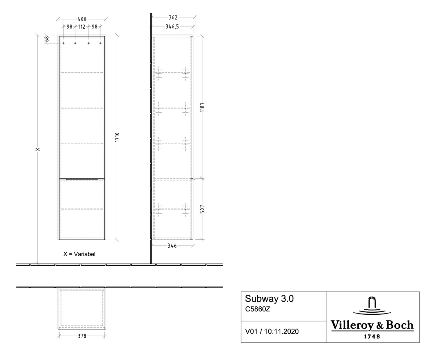 V&B Hochschrank Subway 3.0 40x171x36,2cm, Schanier links/Griff Volcano black, pure white
