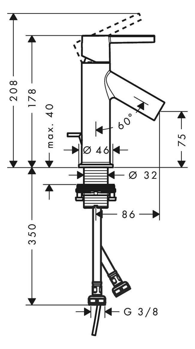 hansgrohe Waschtisch-Einhebelmischer 80 Axor Starck Ausladung 86mm, mit Hebelgriff, mit Zugstangen-Ablaufgarnitur, für Handwaschbecken, Edelstahl-Optik