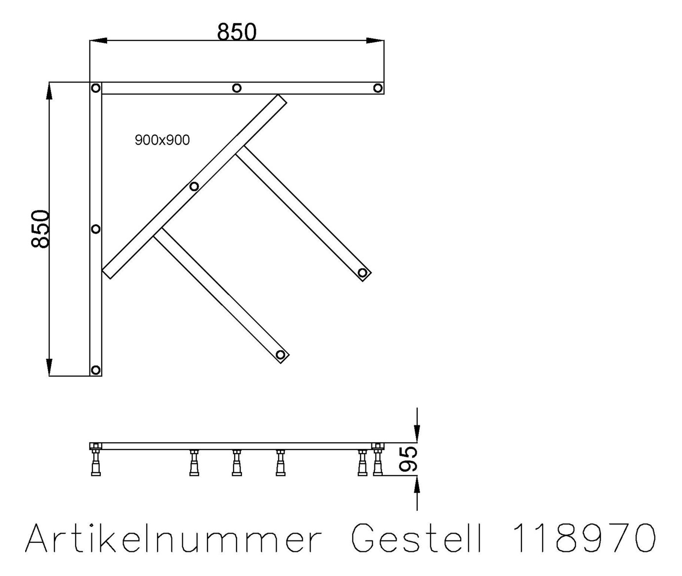 Hoesch Untergestell Muna für 5-Eck/Viertelkreis 90 x 90 cm