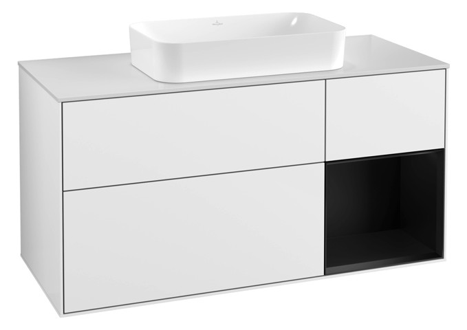 V&B Waschtisch-Unterschrank Finion 120x60,3x50,1cm, Regal rechts Black matt lacquer, Glossy white lacquer
