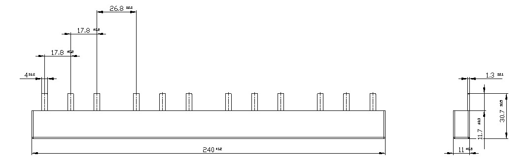 Phasenschiene 3ph 18mm 237mm 16qmm 80A Stift Isoliert