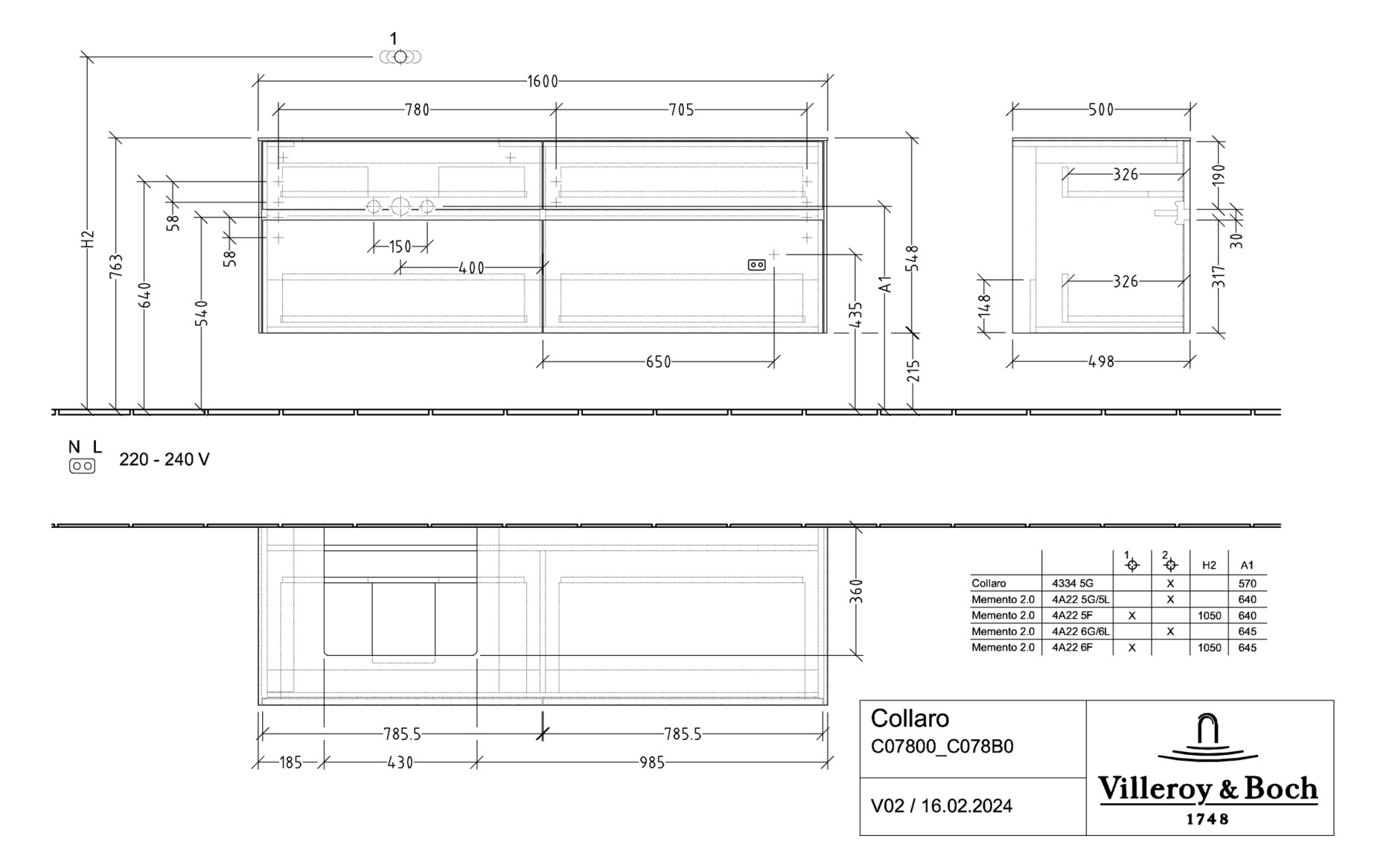 V&B Waschtischunterschrank Collaro 160x54,8x50cm, Waschtisch links, arizona oak