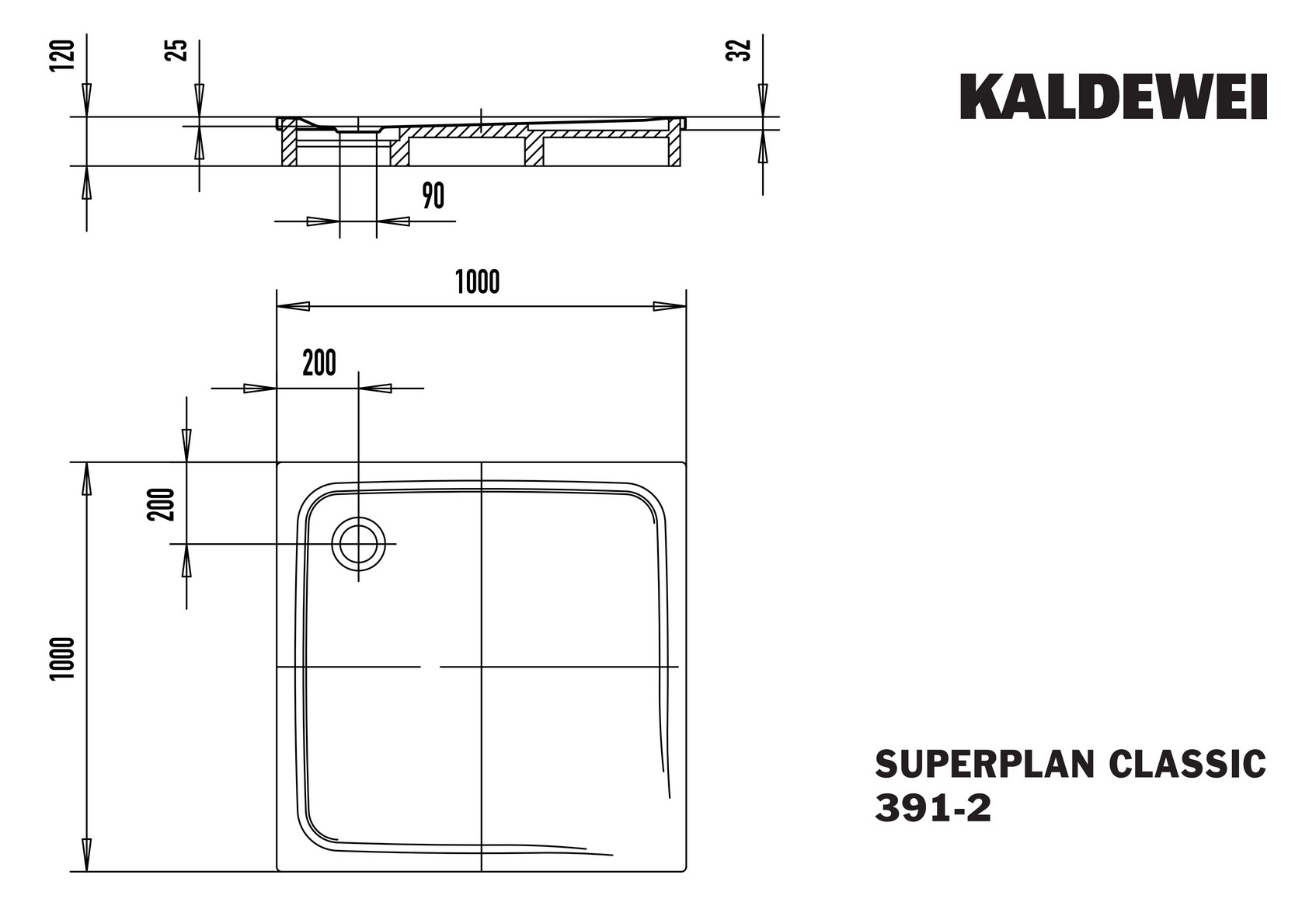 Kaldewei Duschwanne SUPERPLAN CLASSIC 391-2 100x100x2,5cm, mit Träger, Antislip, manhattan