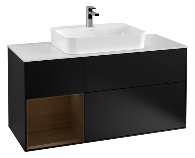 V&B Waschtisch-Unterschrank Wandbeleuchtung Finion 120cm, Abdeckplatte white matt, Regal links Walnut veneer, Black matt lacquer