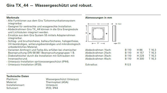 Rahmen 2f rws TX_44 Kst Unterputzmontage Thermopl