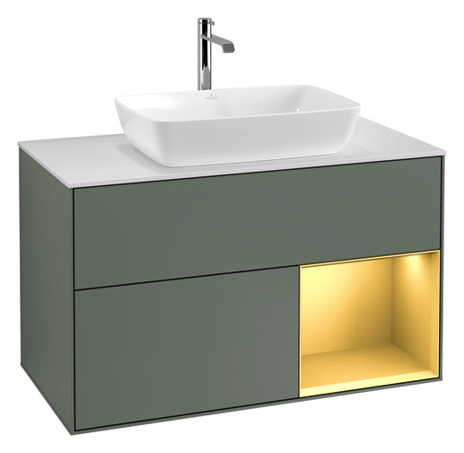 V&B Waschtisch-Unterschrank Wandbeleuchtung Finion 100cm, Abdeckplatte white matt, Regal Gold matt lacquer, Olive Matt Lacquer