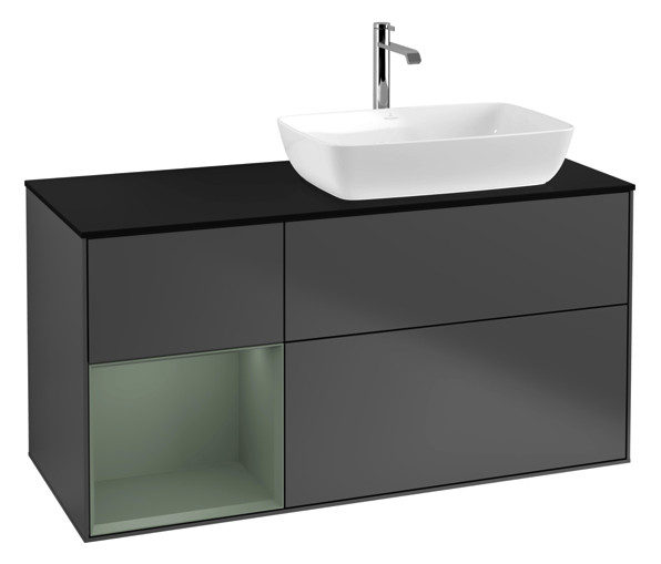 V&B Waschtisch-Unterschrank Finion 120cm, Abdeckplatte black matt, Regal Olive matt lacquer, Anthracite matt
