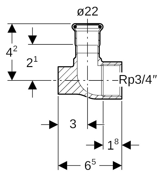 Geberit Gas-Anschlusswinkel abgesetzt Mapress 90Grad, Kupfer, Ø 22 mm x Rp 3/4, Länge 51 mm