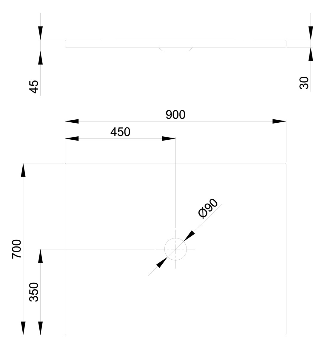 Duschfläche BetteFloor 5711 90x70cm, Mini-Wannenträger, flint