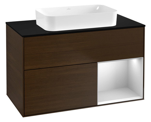 V&B Waschtisch-Unterschrank Finion 100x60,3x50,1cm, Regal rechts White matt lacquer, Walnut veneer V&B Waschtisch-Unterschrank Finion 100x60,3x50,1cm, Regal rechts White matt lacquer, Walnut veneer