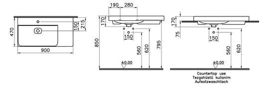 VitrA Bad Waschtisch asymmetrisch New Metropole 90x47cm, Becken links, Ablage rechts, taupe matt vc, ohne Überlaufschlitz