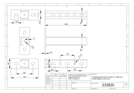 ASW Schienenkonsole 200 mm, Profil 38/40 x 2.0 mm, Stahl verzinkt