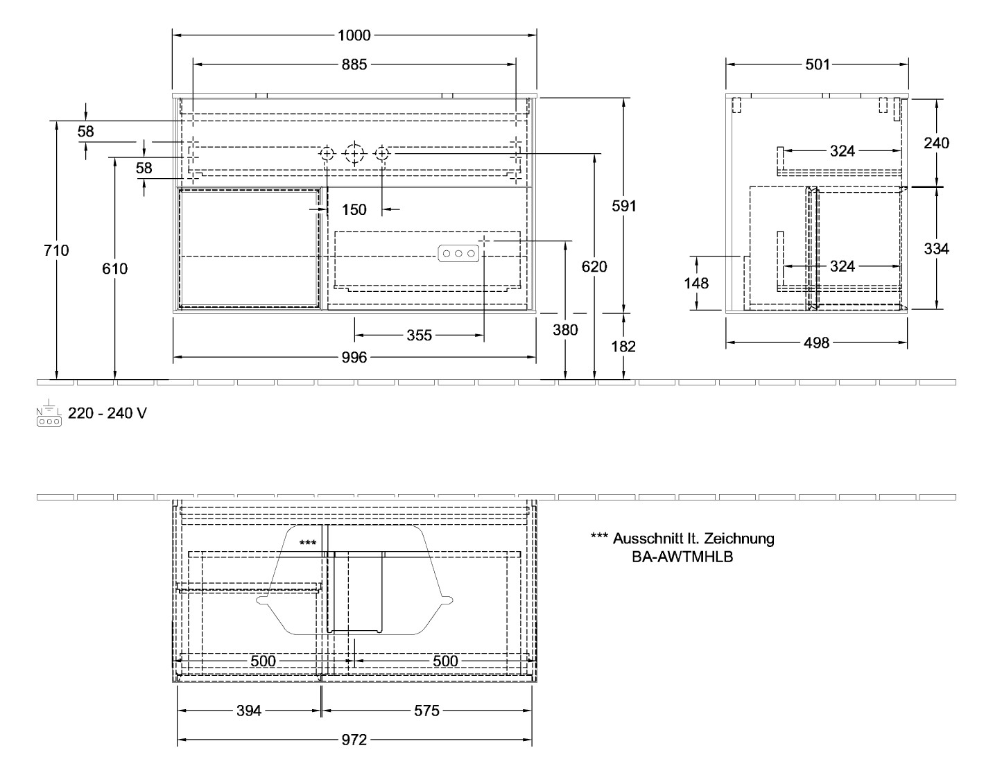 V&B Waschtisch-Unterschrank Wandbeleuchtung Finion 100cm, Abdeckplatte black matt, Regal links Peony, Peony Matt