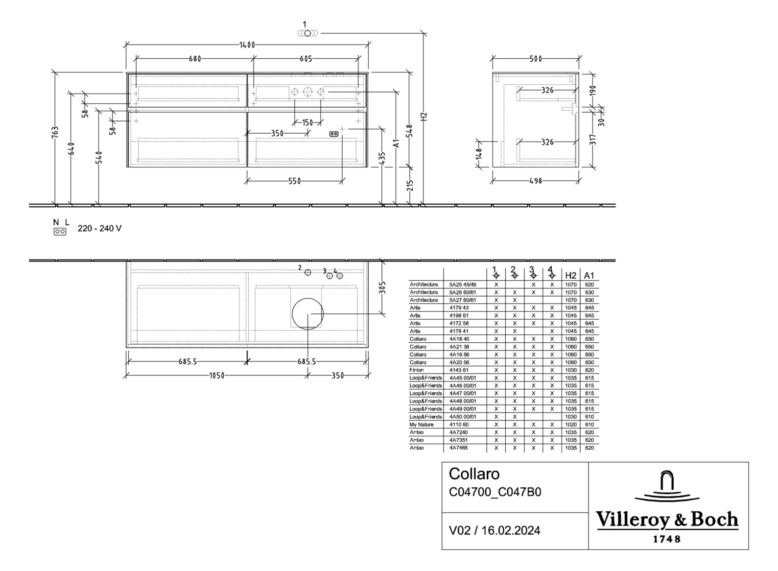 V&B Waschtischunterschrank Collaro 140x54,8x50cm, Waschtisch rechts, LED-Beleuchtung 10,4W, glossy white