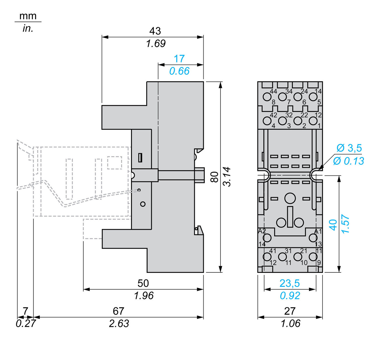 Relaissockel Steckanschl TS35 14Pins 27x80x74mm Hutschiene TH35