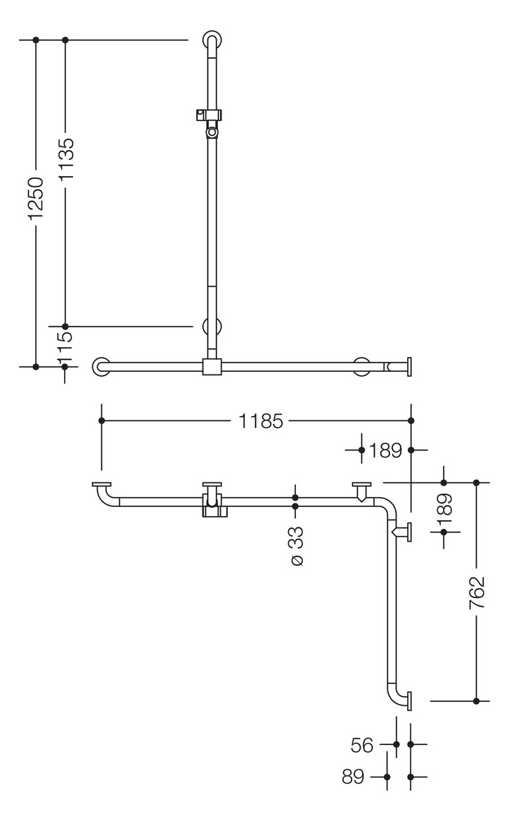 HEWI Duschhandlauf 801 1185/762 x 1250 mm, tiefschwarz, mit Brausehalterstange