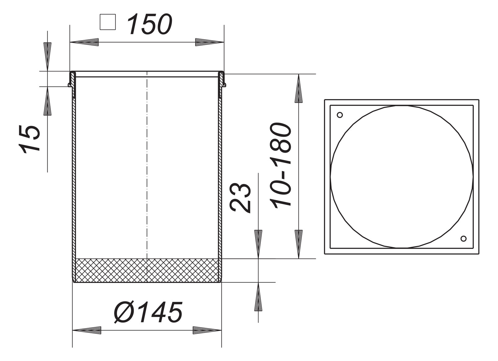 Dallmer Aufsatzrahmen Serie 15 S 15, Edelstahl 1.4301, 150x150mm, mit Gewindeeinsätzen