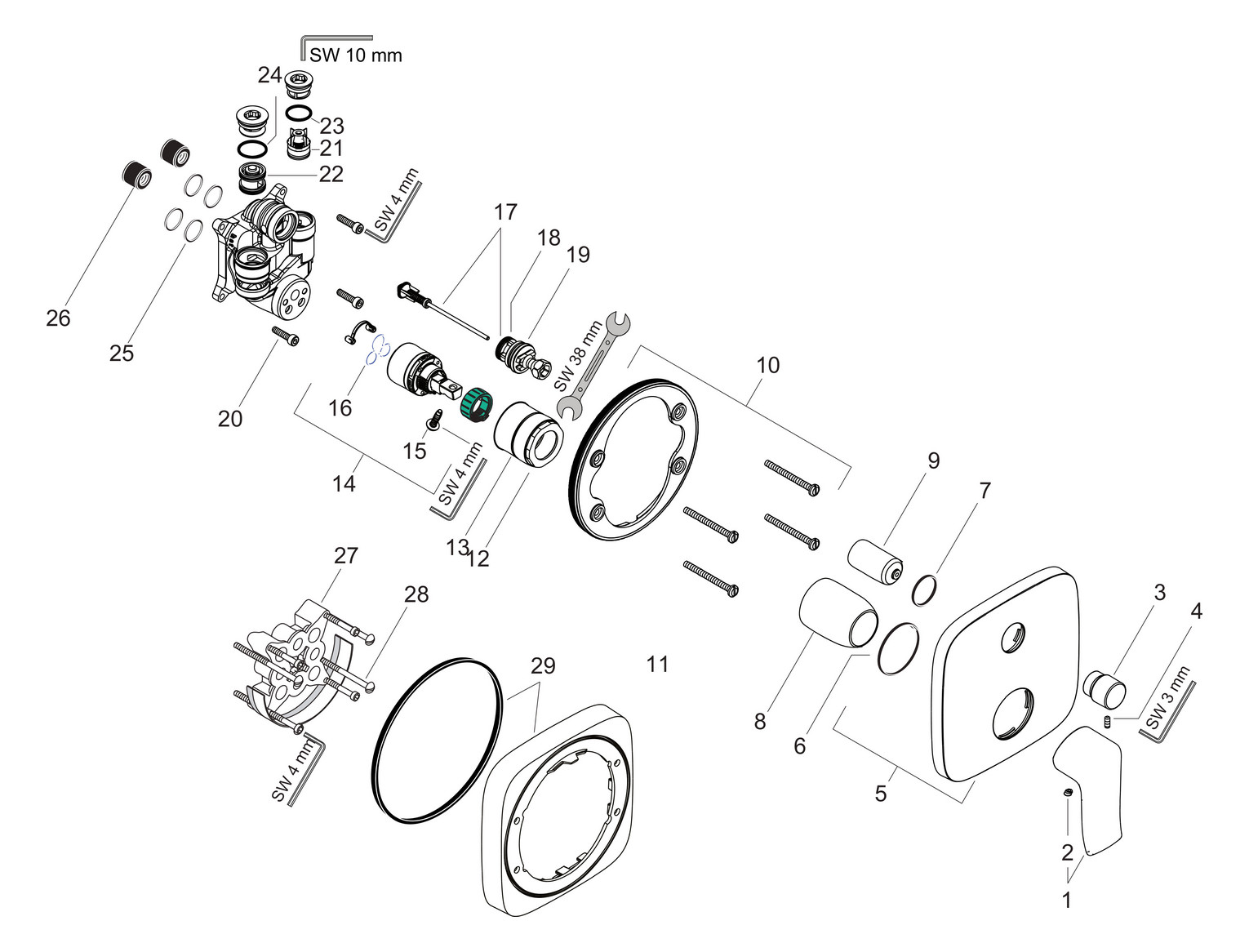 hansgrohe Fertigmontageset Metris UP-Wannen-Einhebelmischer, Rosette eckig, mit integrierter Sicherungskombination, chrom