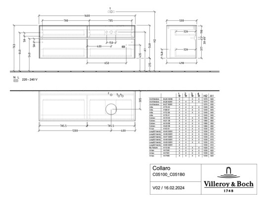 V&B Waschtischunterschrank Collaro 160x54,8x50cm, Waschtisch rechts, LED-Beleuchtung 12W, truffle grey