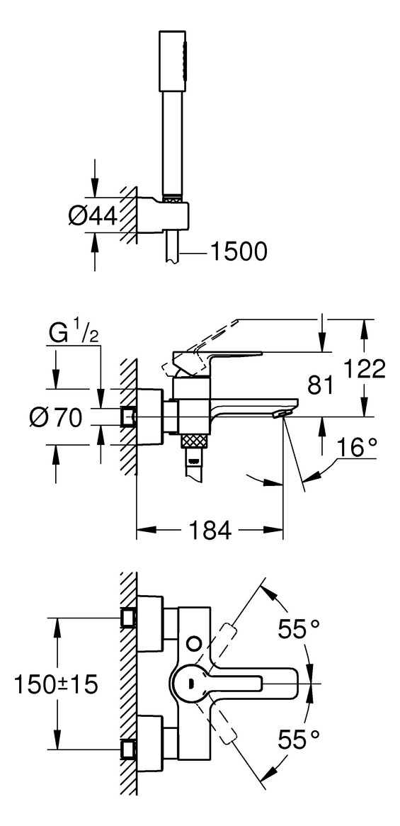 GROHE Wannen-Einhebelmischer Lineare 1/2", mit Brausegarnitur, Wandmontage, chrom