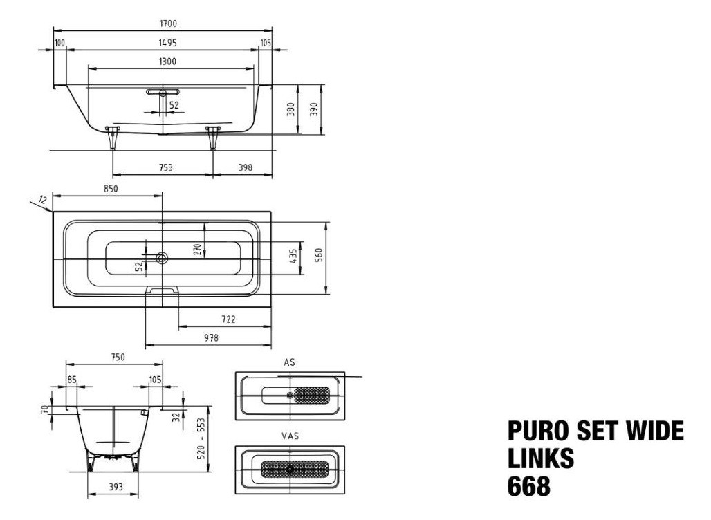 Kaldewei Badewanne PURO SET WIDE links 668 Griffloch, Antislip, manhattan, 170x75cm, Überlauf mittig Kaldewei Badewanne PURO SET WIDE links 668 Griffloch, Antislip, manhattan, 170x75cm, Überlauf mittig
