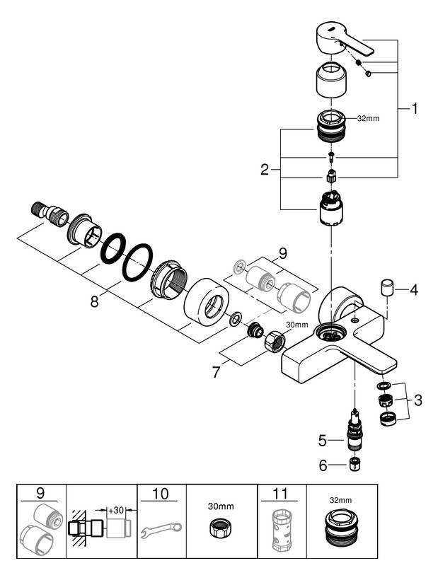 GROHE Wannen-Einhebelmischer Lineare 1/2", Wandmontage, supersteel